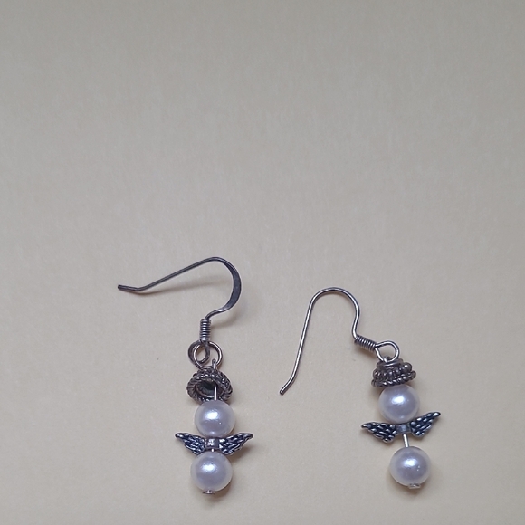Jewelry - Elegant Silver Pearl Drop Angel Earrings Handcrafted Artisan